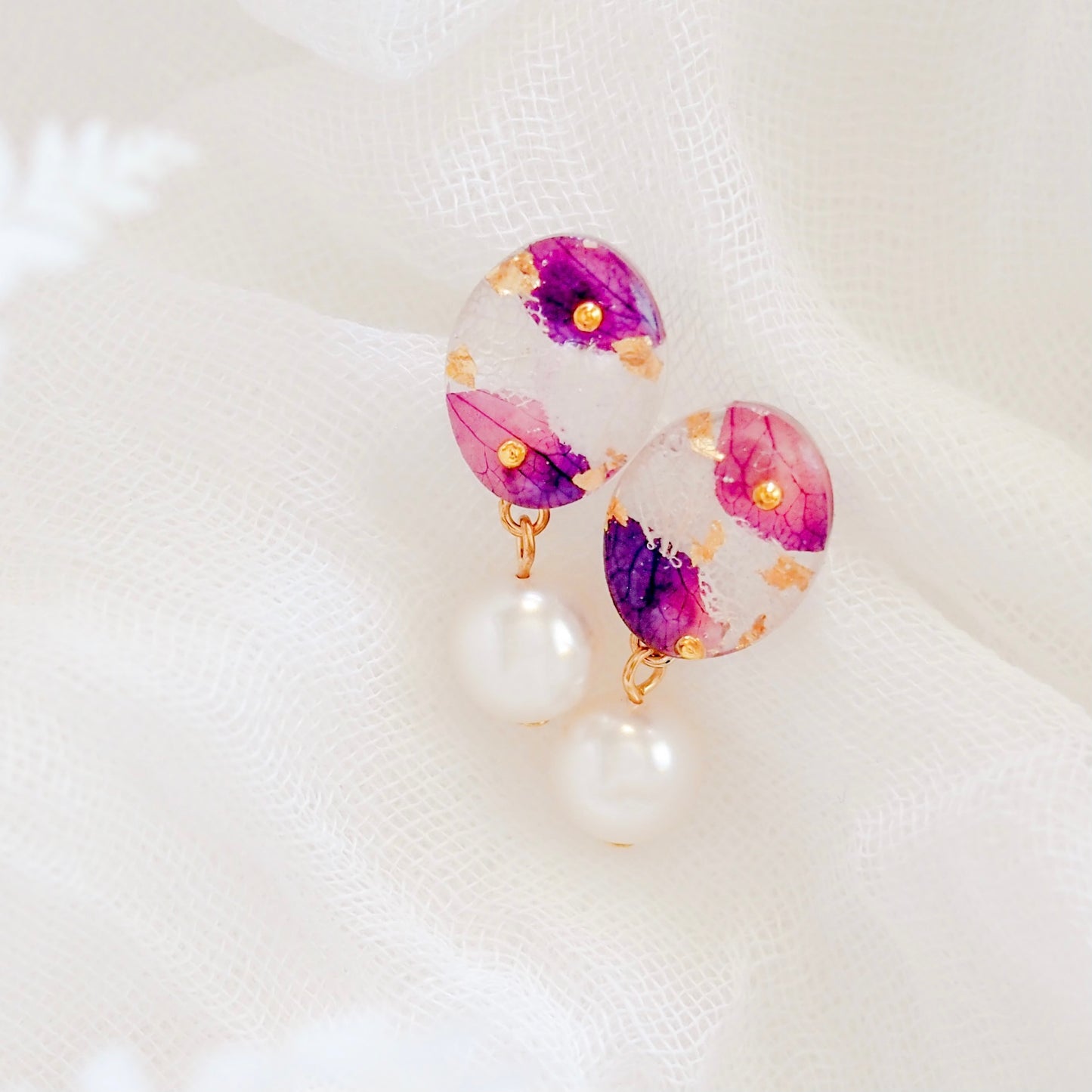 Oval Earrings with Pearl Drop- Purple
