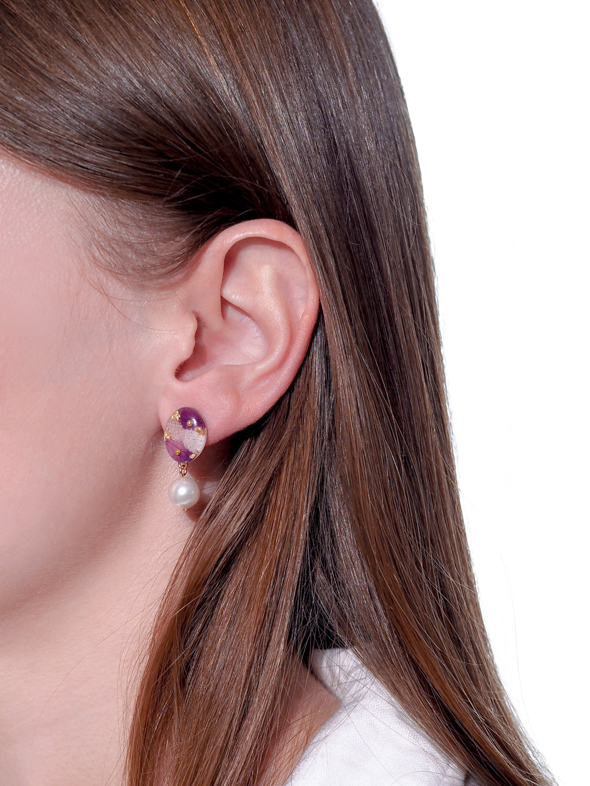 Oval Earrings with Pearl Drop- Purple